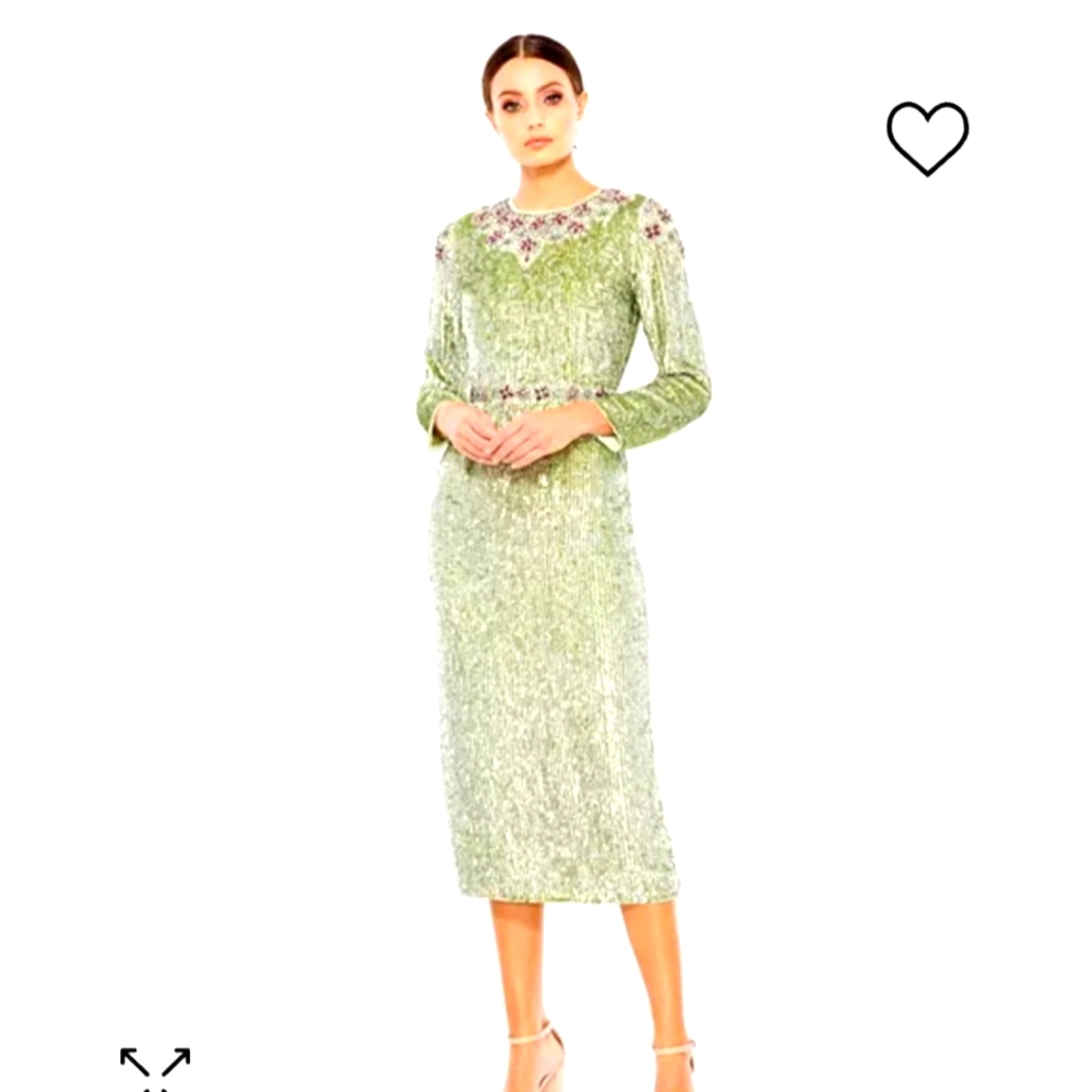 Mac Duggal Light Green Sequin Midi Dress with Embellished Neckline